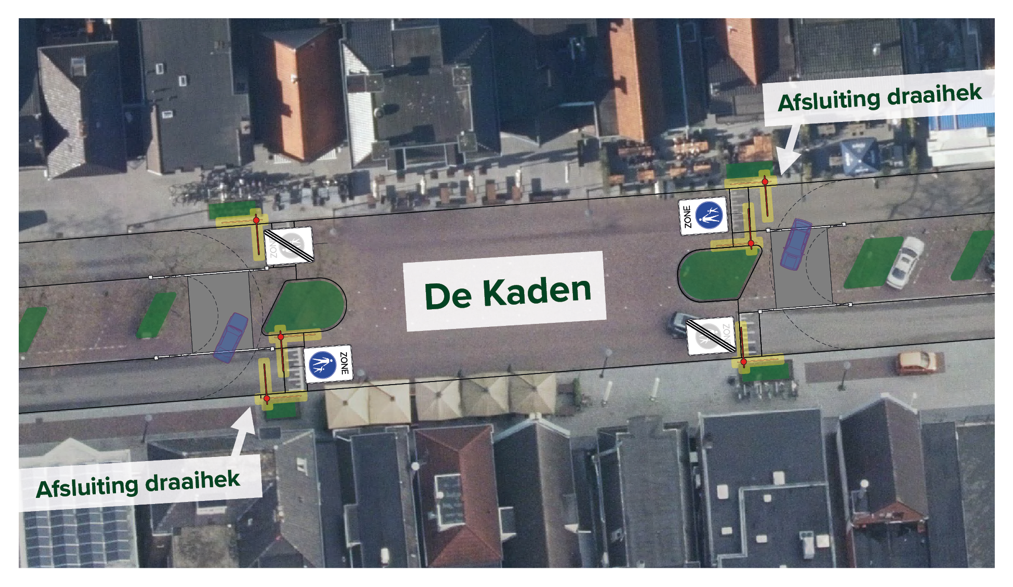 Afbeelding met daarinaangegeven waar afsluiting op de Kaden is.