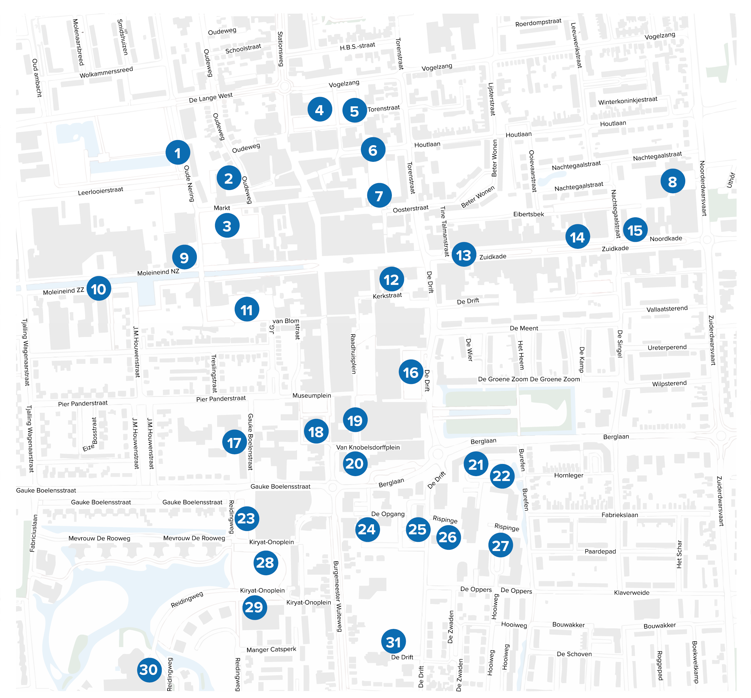 Kaart met parkeerplaatsen voor mindervaliden in en rond het centrum van Drachten
